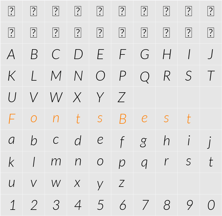 Lato Light Character Map