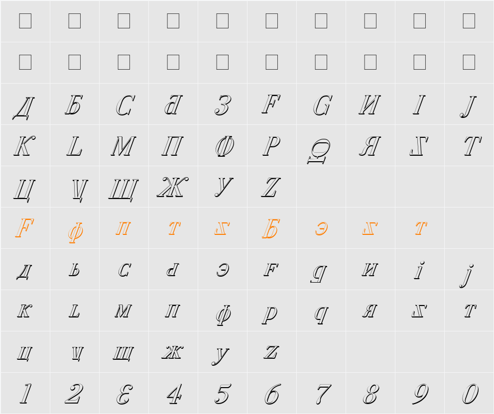 Cyberia Shadow Italic Character Map