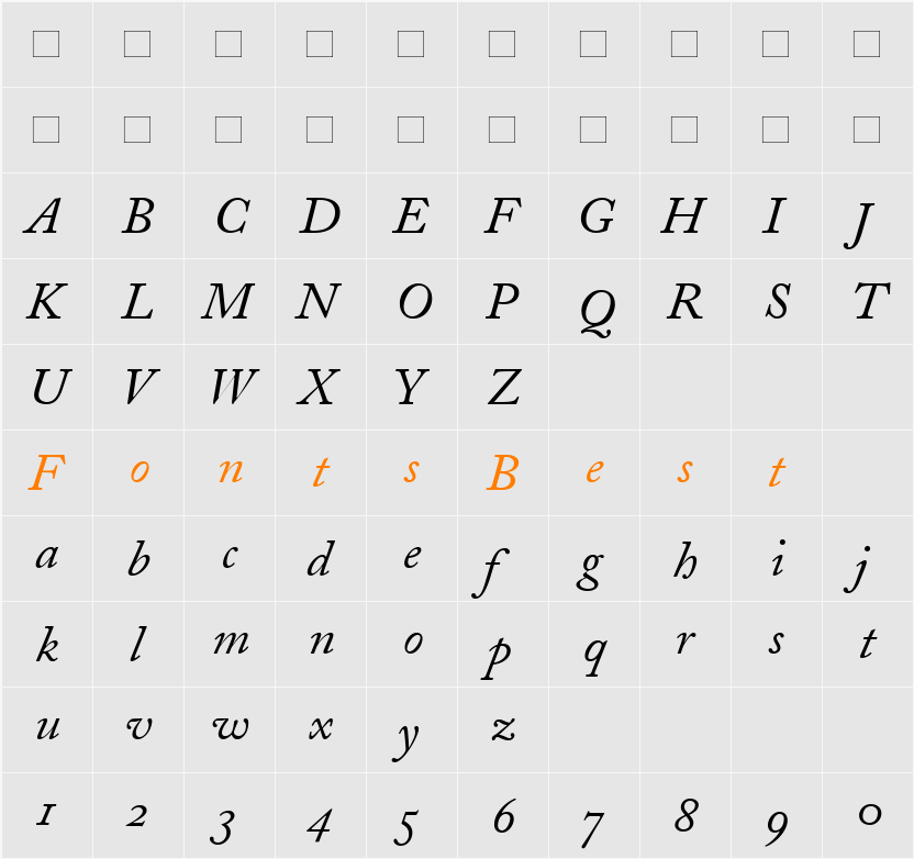 AdobeCaslonOldstyleFigures Character Map