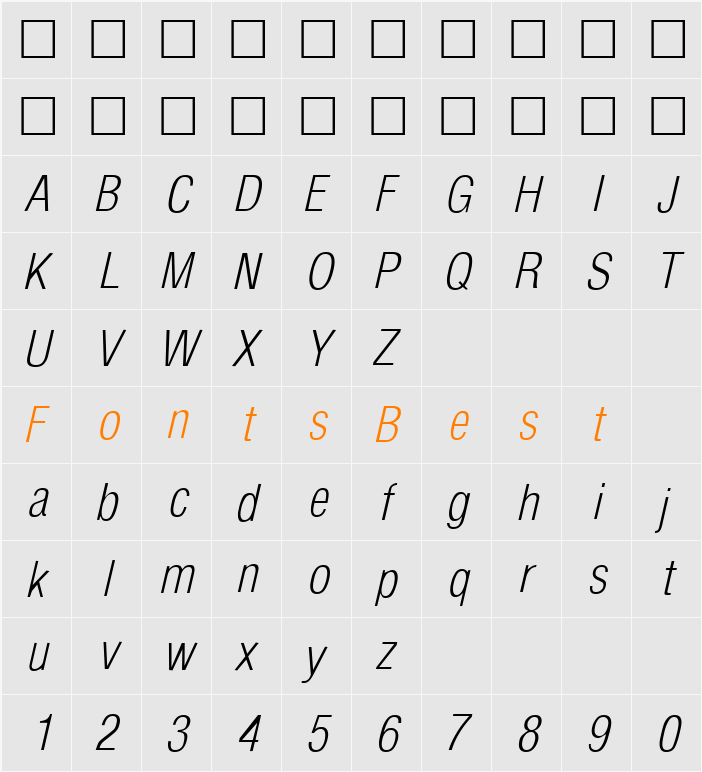 Arena Condensed Light Character Map