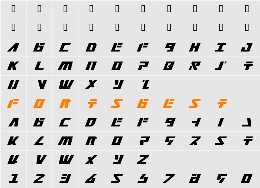 Falconhead Italic Character Map