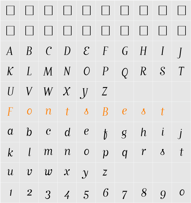 MatrixScriptBookOldstyle Character Map