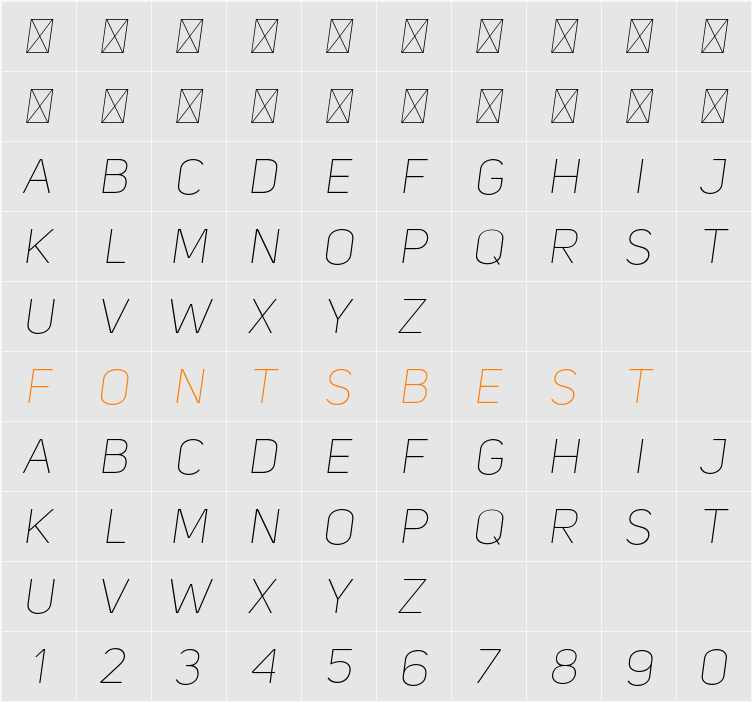 Uni Sans Thin Italic CAPS Character Map