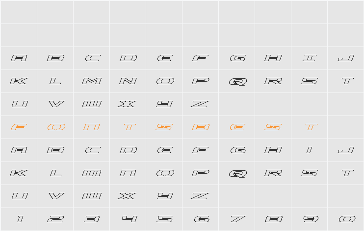 Alpha Men Outline Italic Character Map