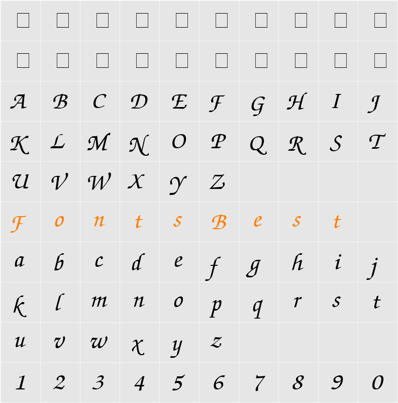 ZurichCalligraphic Character Map