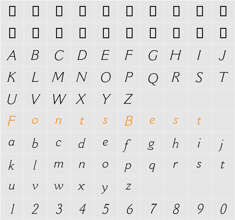 Cantoria MT Light Character Map