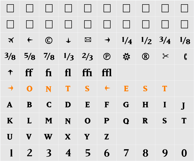 MatrixBoldFractions Character Map