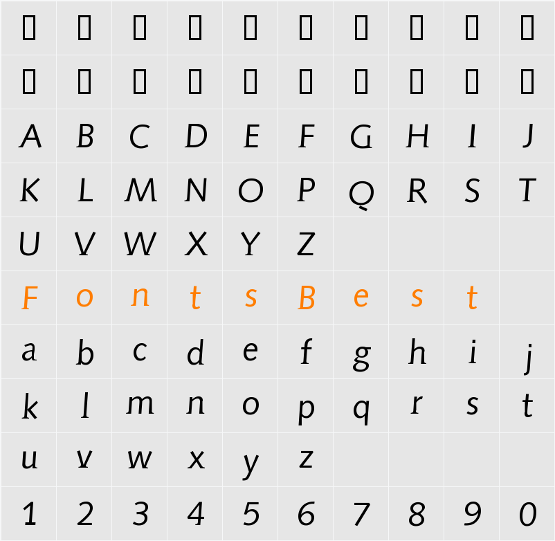 AidaSerifObliqueMedium Character Map