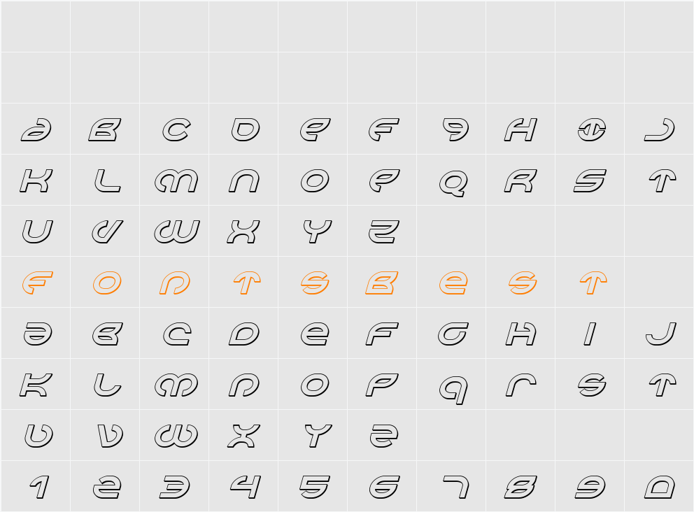 Aetherfox 3D Italic Character Map