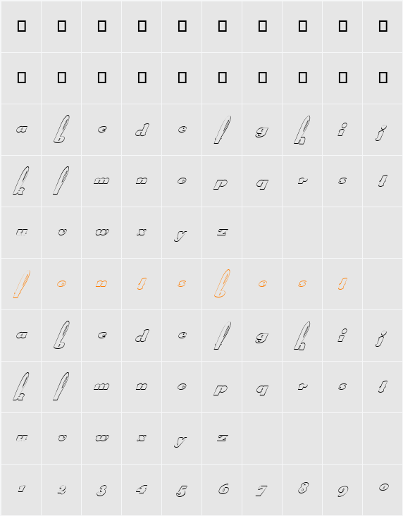 FZ UNIQUE 41 HOLLOW ITALIC Character Map