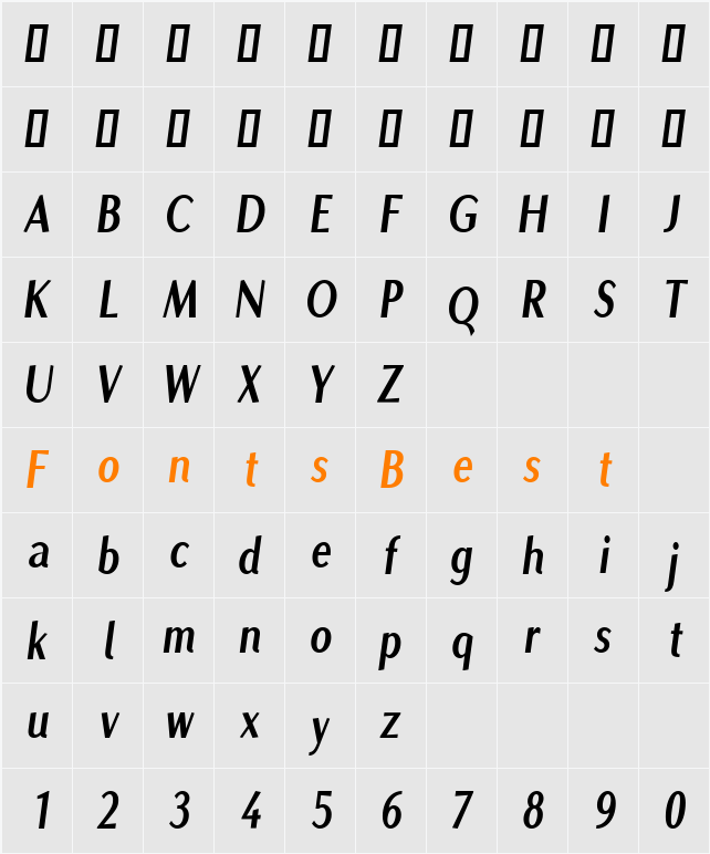 Jonova Condensed Character Map