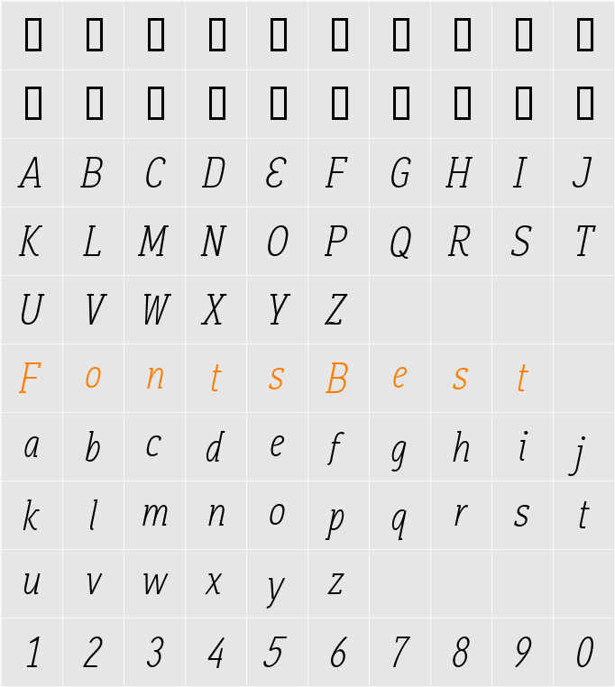 Aaux OfficeLight Italic Character Map