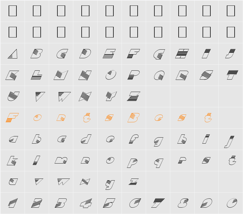 FZ UNIQUE 11 HOLLOW ITALIC Character Map