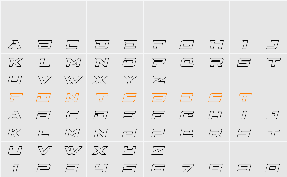 Cyberdyne Outline Italic Character Map