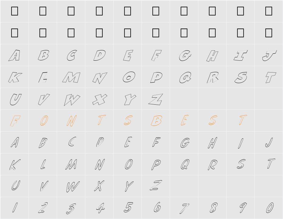 FZ UNIQUE 30 HOLLOW ITALIC Character Map