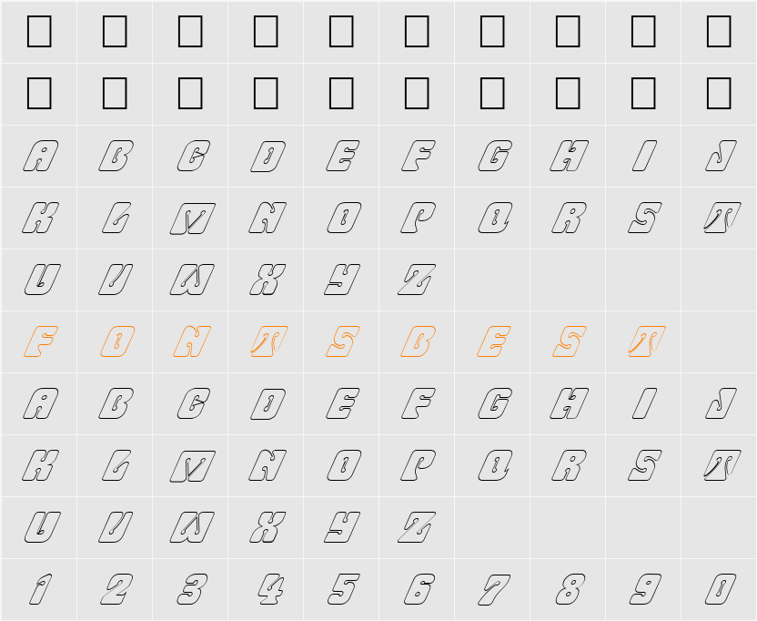 FZ UNIQUE 32 HOLLOW ITALIC Character Map