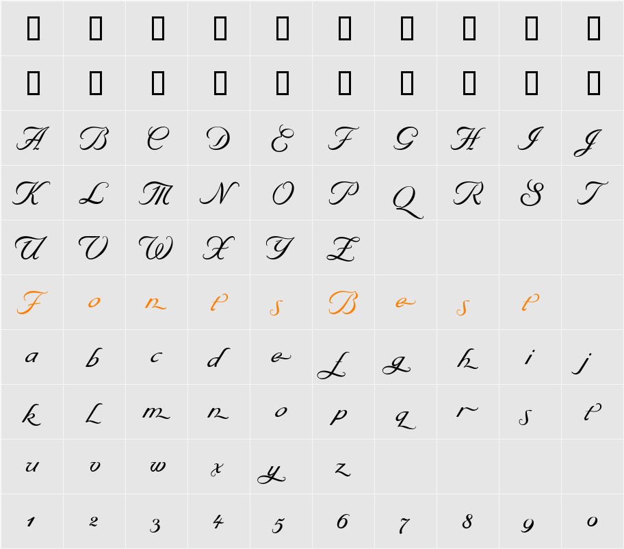 Byron Medium Swash Character Map