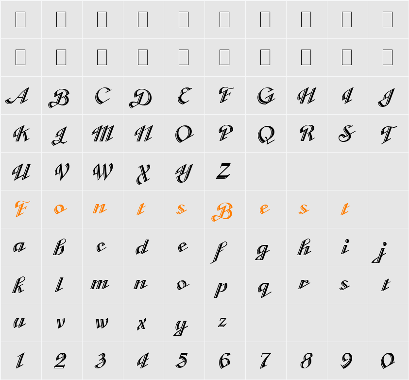 Cabarga Cursiva LET Character Map