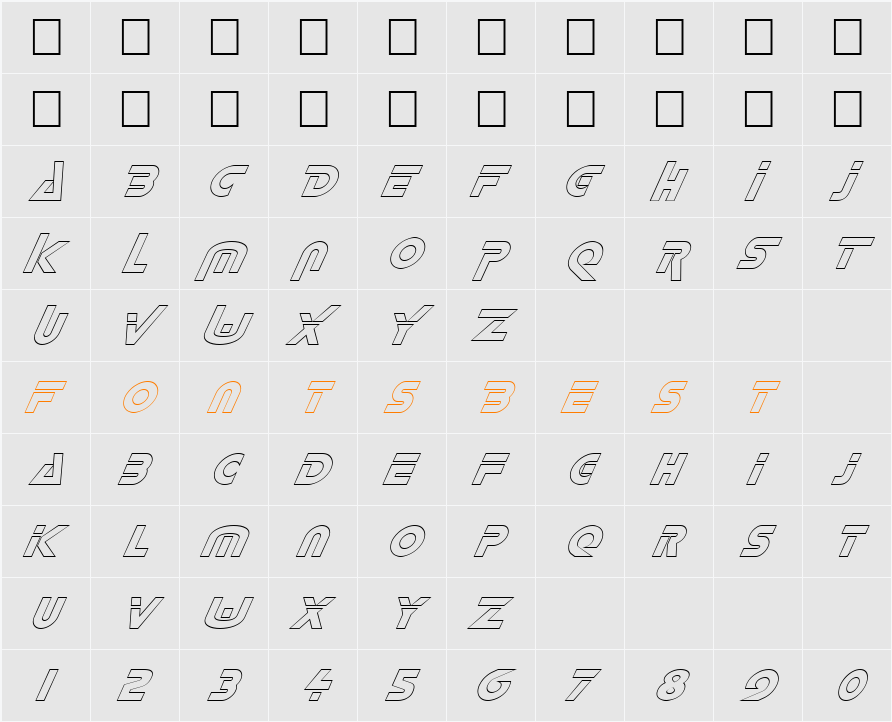 FZ UNIQUE 35 HOLLOW ITALIC Character Map