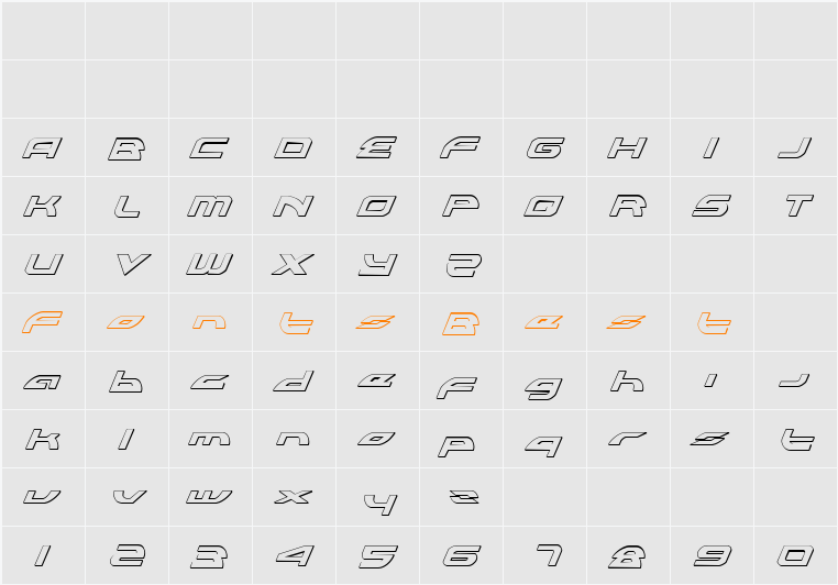 Alexis Lower Outline Italic Character Map