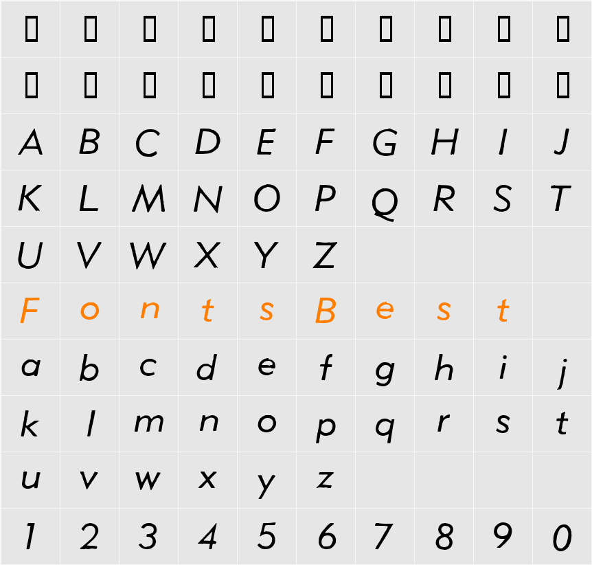 Metro Lite Oblique Character Map